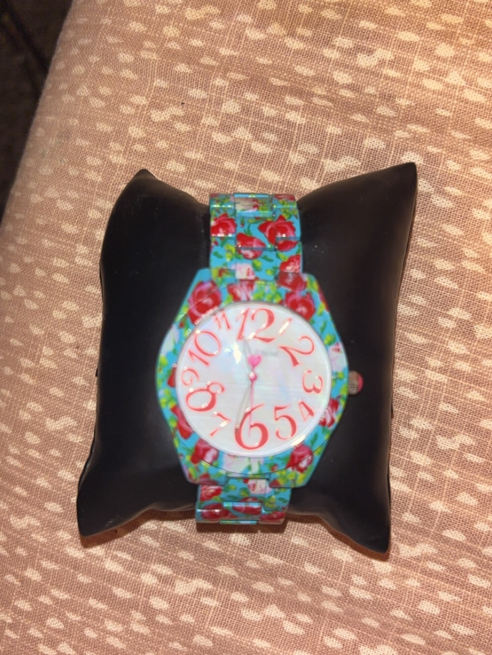 Betsey Johnson Floral Pattern Turquoise Resin Watch with Pink Numerals